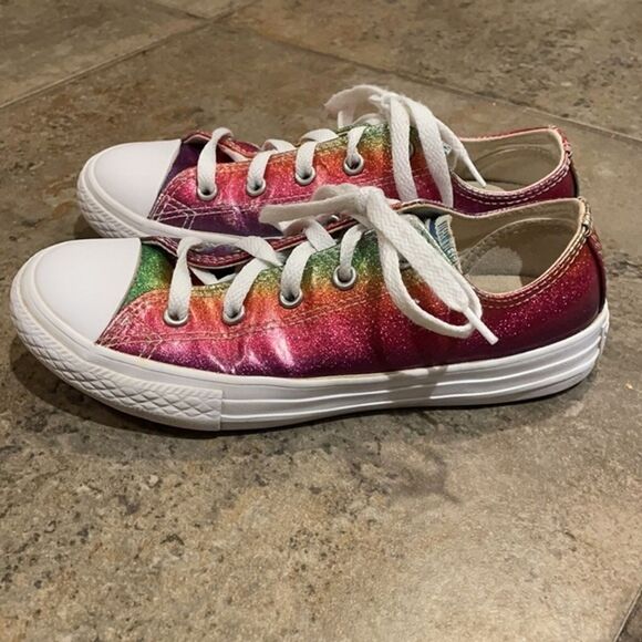 Converse All Star Pink Glitter Drip Low Top Sneakers Girls Junior 2 Rainbow - Picture 4 of 12